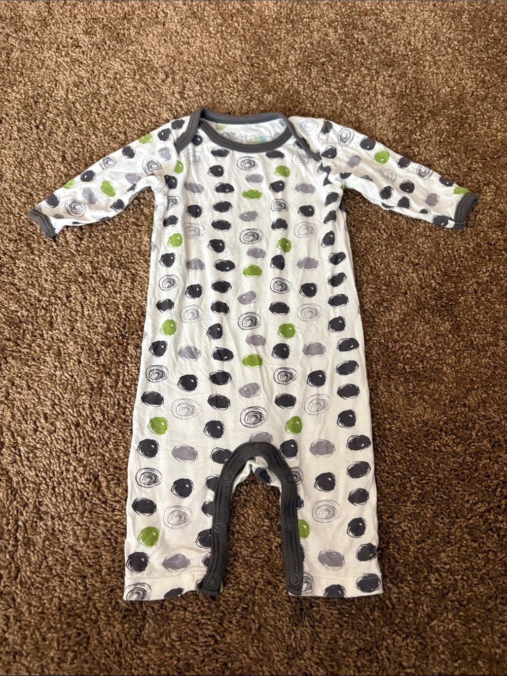 Bestaroo Bamboo One-Piece Romper in White with Gray & Green Dot Print